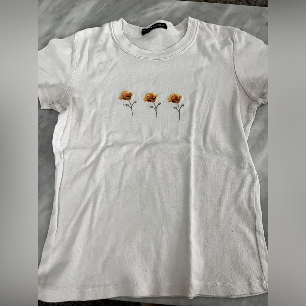 White Brandy Melville Tee With Flowers One Size